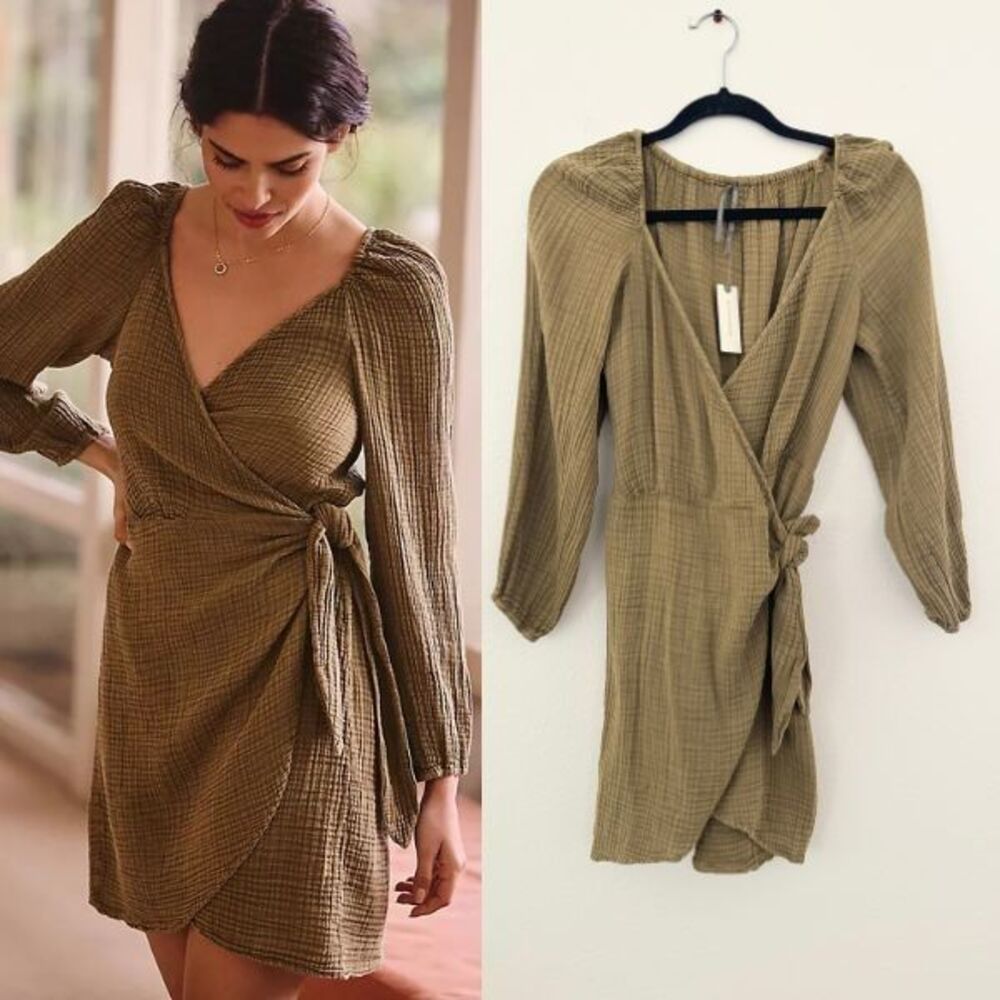 NWT By Anthropologie Wrap Cover-Up Dress Gauze Cotton Moss Green Women's XS